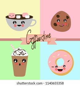 Cute card. Coffee, doughnut, frappe, cookie. Coffee time. Design for banner, card, placard, brochure