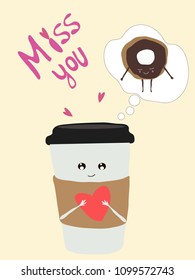 Cute card. Coffee and doughnut. Miss you. Design for banner, card, placard, brochure