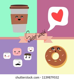 Cute card. Coffee,doughnut,speech bubble, marshmallows. Sweet world. Design for banner, card, placard, brochure
