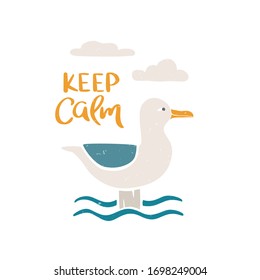 Cute card with colored sea gull sitting on a log and Keep calm phrase. Handwritten motivating text. Vector shabby hand drawn illustration