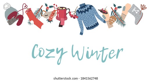 Cute card. Cozy winter. Different household items on the theme of winter holidays. Flat illustration. Transparent background.