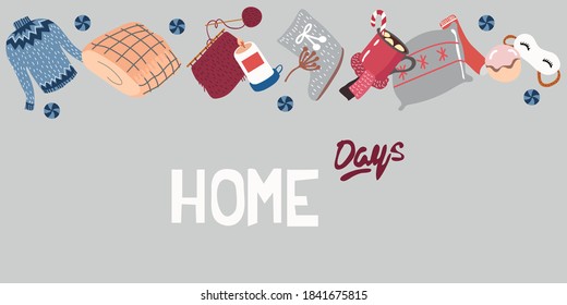 Cute card. Cozy winter. Different household items on the theme of winter holidays. Flat illustration. 