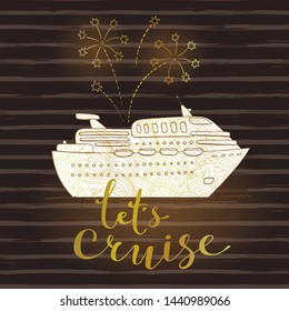 Cute card with a cruise ship and fireworks. Concept for honeymoon trip, vacation, journey, travel. Vector illustration.
