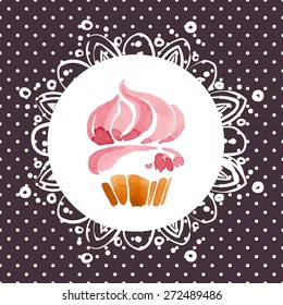 cute card with cupcake. vector illustration with watercolor cupcake. Beautiful greeting card
