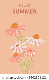Cute card with daisies Hello Summer. Vector.
