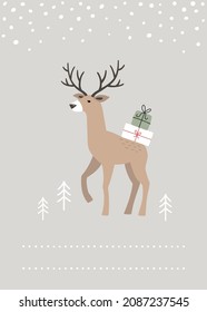 Cute card with deer, trees, snow, and presents. Christmas holidays, gift boxes. Funny illustration, new year character