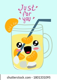 Cute card.  Design for banner, card, placard, brochure. Cute kawaii drink. lemonade and fruits. Vector illustration. 