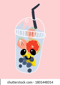 Cute card.  Design for banner, card, placard, brochure. Cute kawaii drink. lemonade and fruits. Vector illustration. 