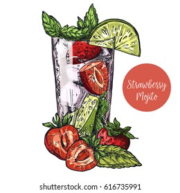 Cute card design with hand-drawn vector colorful sketch illustration of mojito cocktail, strawberry, lime and mint leaves