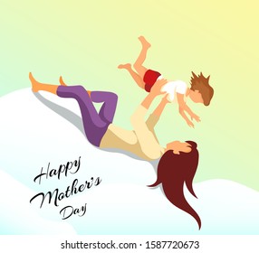 Cute card design for Happy Mother's Day. Mother playing with child in the clouds. Vector illustration 
