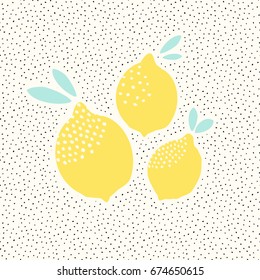 Cute card design with lemons in yellow on black and white dots pattern background. Fresh and modern wall art, t-shirt, packaging design.