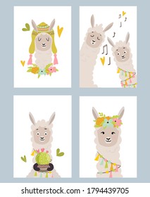 Cute card design with llamas portraits. Vector illustration for cards, invitations, print, apparel, nursery decoration.