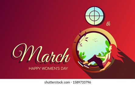 Cute card design for March 8-th, International Women's Day. Young woman sitting on a windowsill and looking at the view outside the window. Vector illustration for card, poster, banner, postcard.