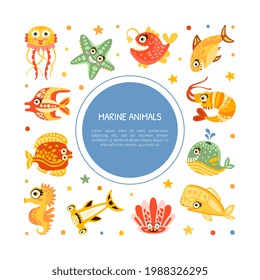 Cute Card Design with Marine Animal and Comic Underwater Creatures Vector Template