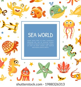 Cute Card Design with Marine Animal and Comic Underwater Creatures Vector Template
