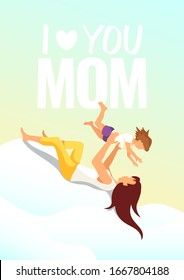 Cute card design for Mother's Day, Women's Day, childhood, motherhood. Mother playing with child in the clouds. A4 Vector illustration for card, postcard, poster, cover.