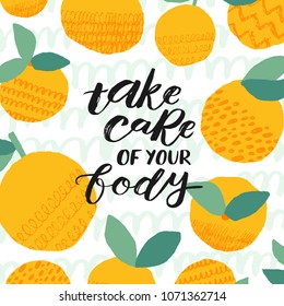 Cute card design with orange fruits. Modern lettering art. Trendy design template. Fresh and modern art, packaging design.  Poster, card, label, banner, flyer design. Vector illustration.