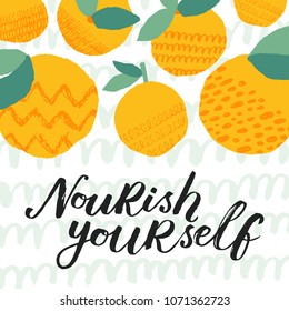 Cute card design with orange fruits. Modern lettering art. Trendy design template. Fresh and modern art, packaging design.  Poster, card, label, banner, flyer design. Vector illustration.