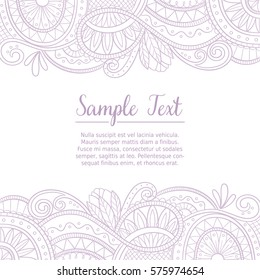 Cute card design template with lace pattern border in the top and bottom. Han drawn boho style design for greeting cards, wedding invitations and backgrounds. Doodle style.