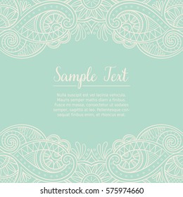 Cute card design template with lace pattern border in the top and bottom. Turquoise background. Han drawn boho style design for greeting cards, wedding invitations and backgrounds. Doodle style.