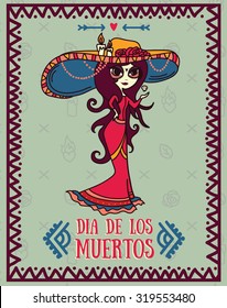 cute card for dia de los muertos, doodle sugar scull girl, vector illustration