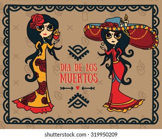 cute card for dia de los muertos, doodle sugar scull girls, vector illustration