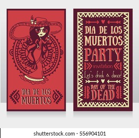 cute card for dia de los muertos, doodle sugar scull girl, vector illustration