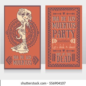 cute card for dia de los muertos, doodle sugar scull girl, vector illustration