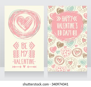 Cute card with doodle heart icons for valentines day, retro colors, vector illustration