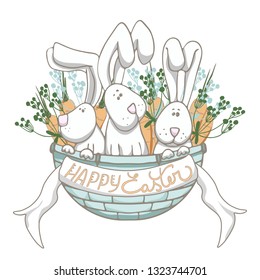 cute card with doodles easter bunnies carrots and herbs vector isolated
