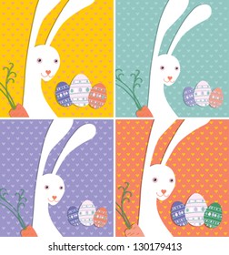 Cute card with the Easter Bunny and Easter eggs on a colorful background with hearts.