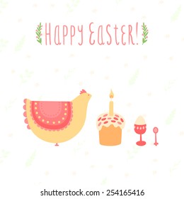 Cute card for Easter with chicken, cakes and eggs