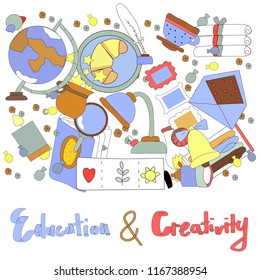 Cute card.  Education and creativity. Hand drawn.Transparent background. Vector