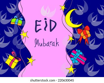 Cute card Eid Mubarak greeting. With stars, crescent moon ans gift box, decorated floral background. For Muslim community festival celebrations. Vector illustration Aid al Adha.Pink and blue.