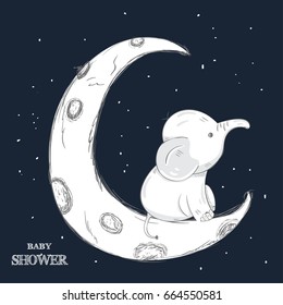 Cute card with elephant baby.happy baby elephant on the moon in space