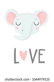 Cute card with elephant. Pink, blue greeting card with elephant, pattern and text. Vector illustration