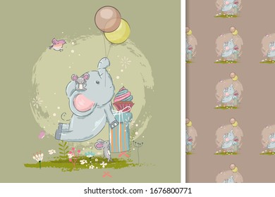 cute card with cute elephant and seamless pattern