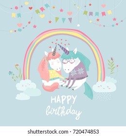 Cute card with fairy unicorns in love