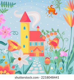 Cute card with fairytale landscape. Small fairy house with tower in the garden with big colorful flowers