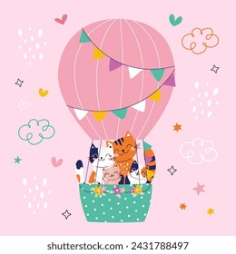 Cute card with family cats. Always together. Hot balloon. Vector illustration. pink background