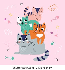 Cute card with family cats. Best family always together. Vector illustration. pink background