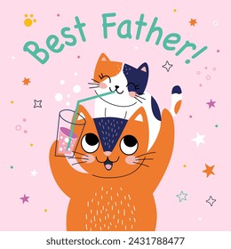 Cute card with family cats. Best father forever. Vector illustration. pink background