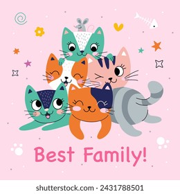 Cute card with family cats. Best family forever. Vector illustration. pink background