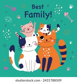 Cute card with family cats. Best family. Vector illustration. green background