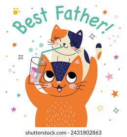 Cute card with family cats. Best father forever. Vector illustration.
