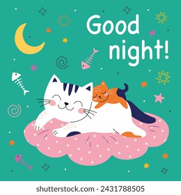 Cute card with family cats. Good night. Vector illustration. green background