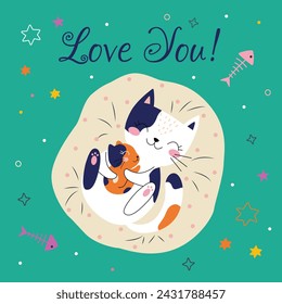 Cute card with family cats. Love you baby much. Vector illustration. green background