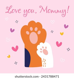 Cute card with family cats. Love you mommy. Vector illustration. pink background