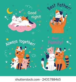 Cute card with family cats. Set Love family. Vector illustration. green background