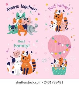Cute card with family cats. Set Best family ever. Vector illustration. pink background
